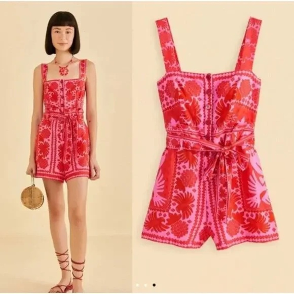 FARM Rio Pink and Red Floral Embroidered Romper
